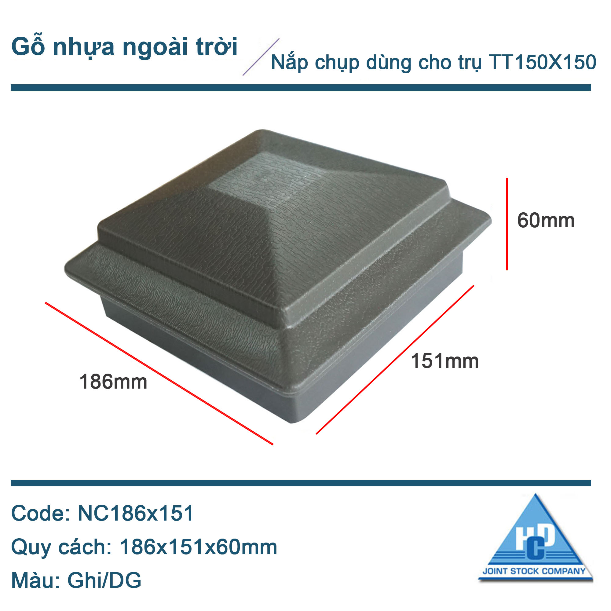 Nắp chụp đầu trụ gỗ nhựa TT150x150 màu ghi