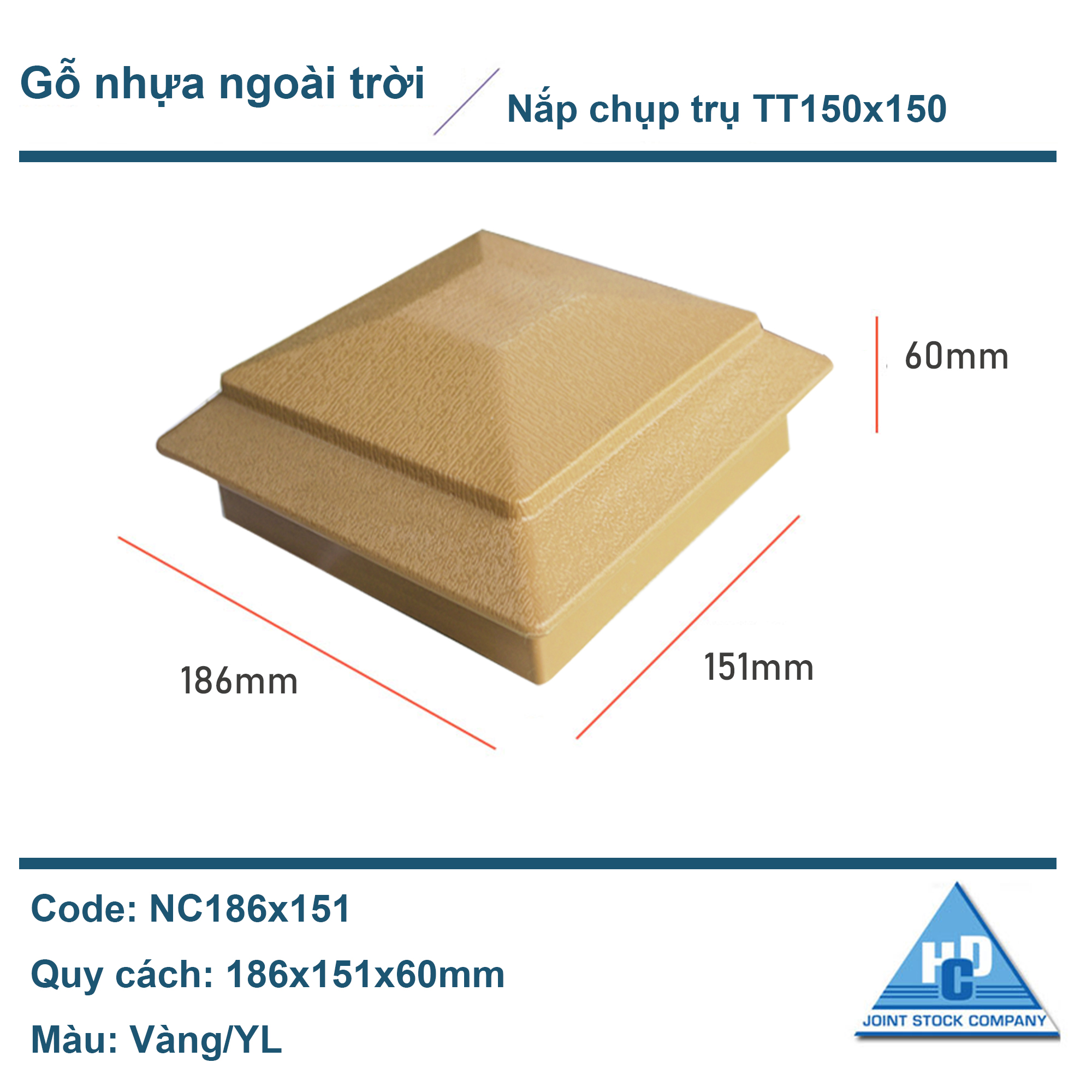 Nắp chụp đầu trụ gỗ nhựa TT150x150 màu vàng